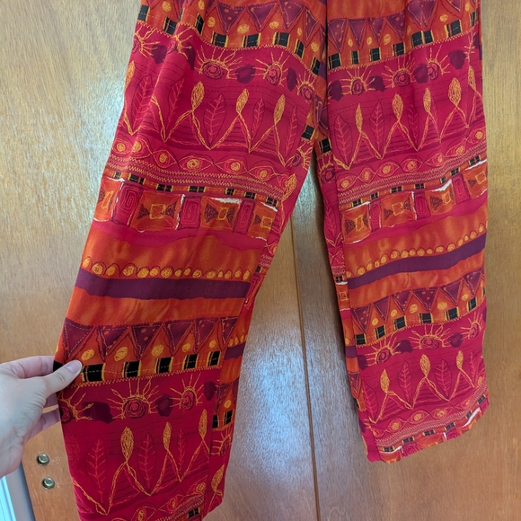 Vintage Bohemian Print Wide Leg Pants - Red and Orange Abstract Size Large - Picture 2 of 10